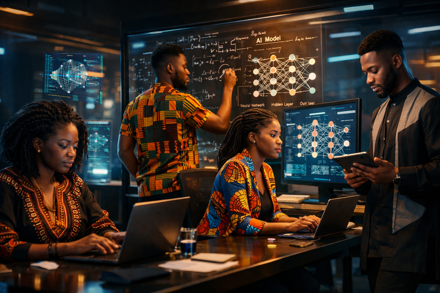 Young African professionals learning in an AI lab